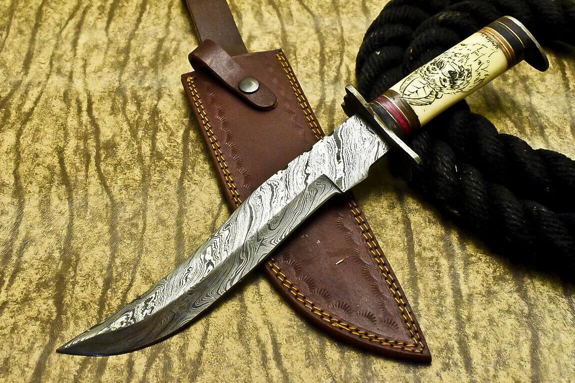 12.5" Handmade Damascus Steel Bowie Knife | Scrimshaw Camel Bone Handle
