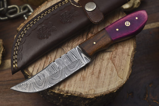 8" Hand Forged Twist Damascus Skinner Knife with Hard Wood Handle – Hunting Blade