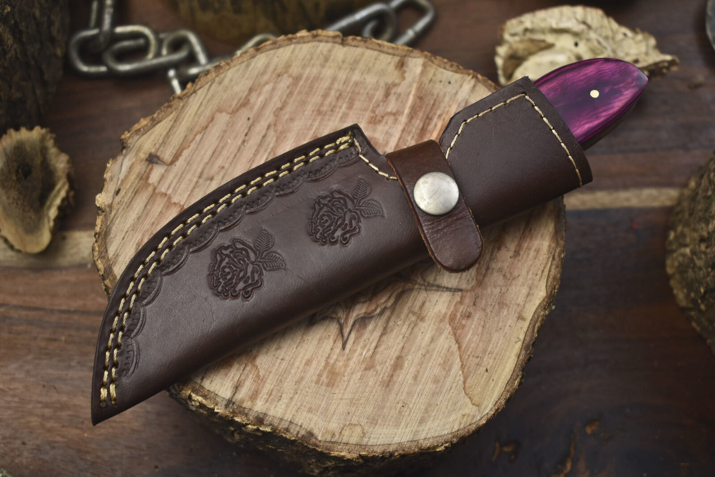 8" Hand Forged Twist Damascus Skinner Knife with Hard Wood Handle – Hunting Blade