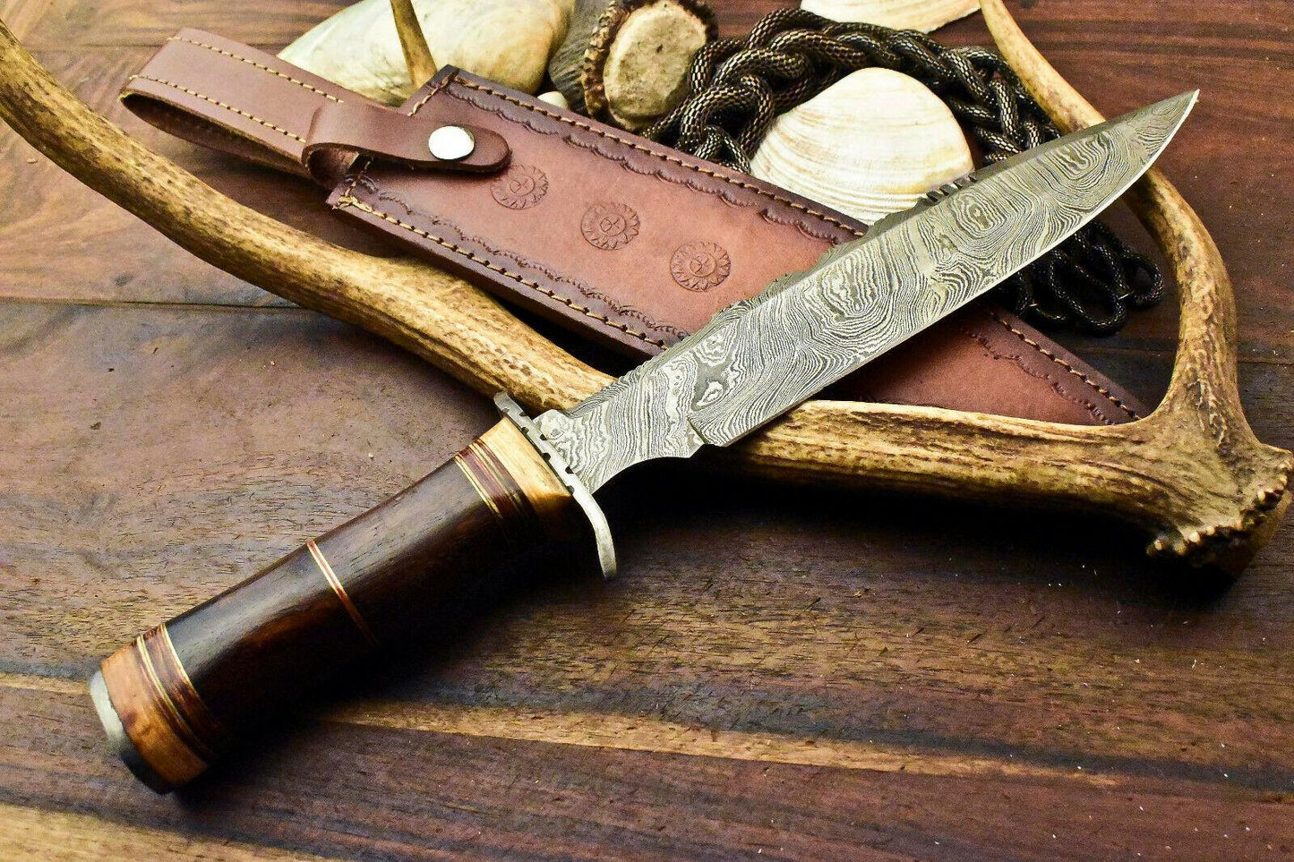 Damascus Steel Bowie Knife – 14" Walnut Wood Handle, Handmade Hunting Blade