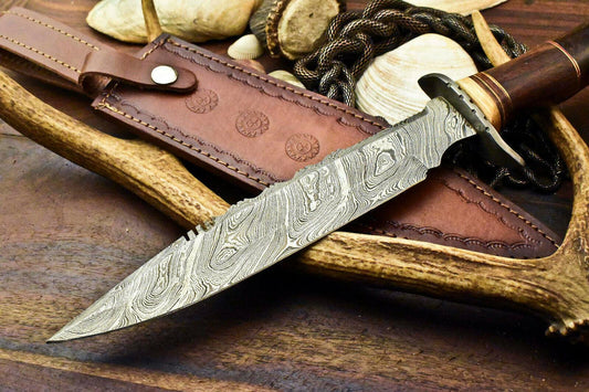 Damascus Steel Bowie Knife – 14" Walnut Wood Handle, Handmade Hunting Blade