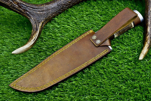 Heritage Forge Damascus Steel Bowie Knife with Stag Horn and Wood Handle