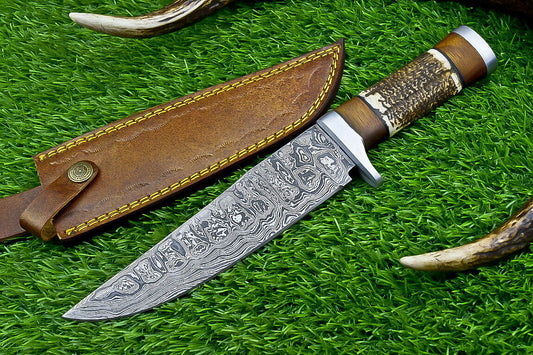 Heritage Forge 12" Damascus Steel Bowie Knife with Stag Horn and Wood Handle
