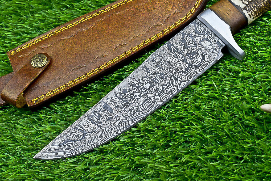 Heritage Forge Damascus Steel Bowie Knife with Stag Horn and Wood Handle