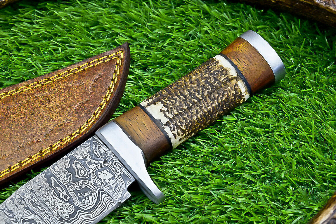 Heritage Forge Damascus Steel Bowie Knife with Stag Horn and Wood Handle