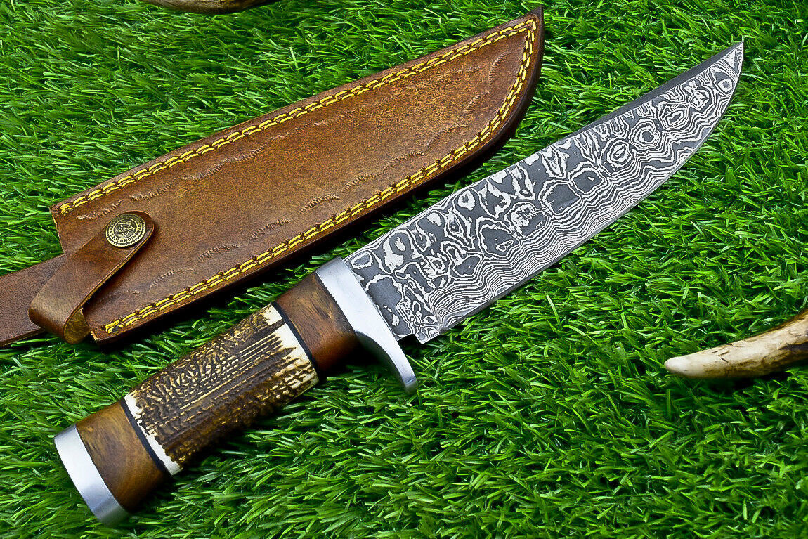 Heritage Forge Damascus Steel Bowie Knife with Stag Horn and Wood Handle