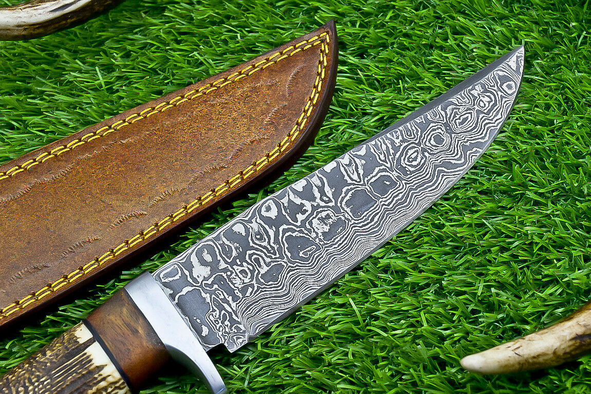 Heritage Forge Damascus Steel Bowie Knife with Stag Horn and Wood Handle