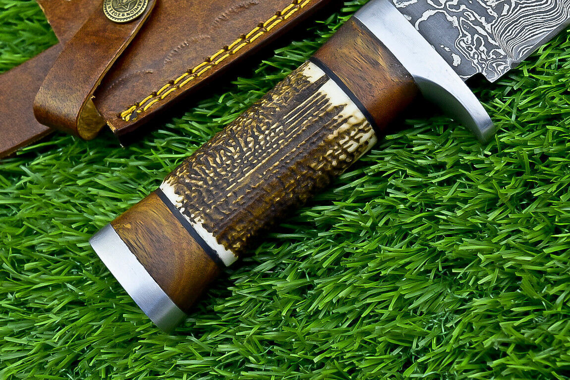 Heritage Forge Damascus Steel Bowie Knife with Stag Horn and Wood Handle