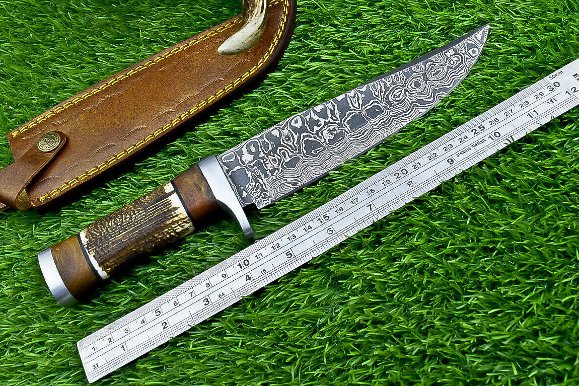 Heritage Forge Damascus Steel Bowie Knife with Stag Horn and Wood Handle