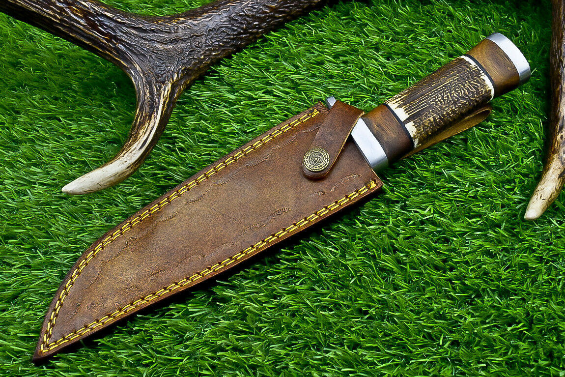 Heritage Forge Damascus Steel Bowie Knife with Stag Horn and Wood Handle