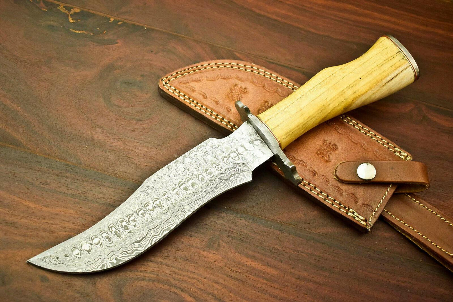 13" Handmade Damascus Bowie Knife | Olive Wood Handle
