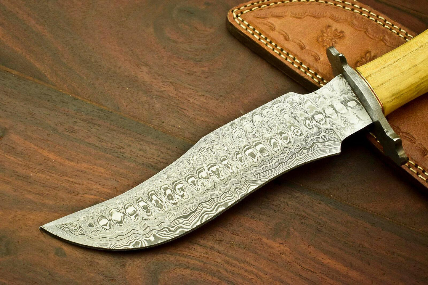 13" Handmade Damascus Bowie Knife | Olive Wood Handle