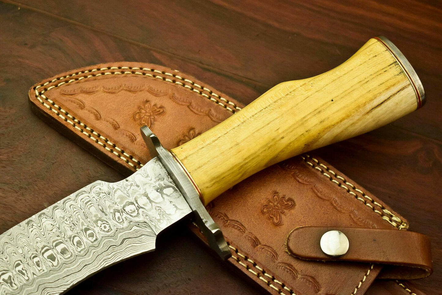 13" Handmade Damascus Bowie Knife | Olive Wood Handle