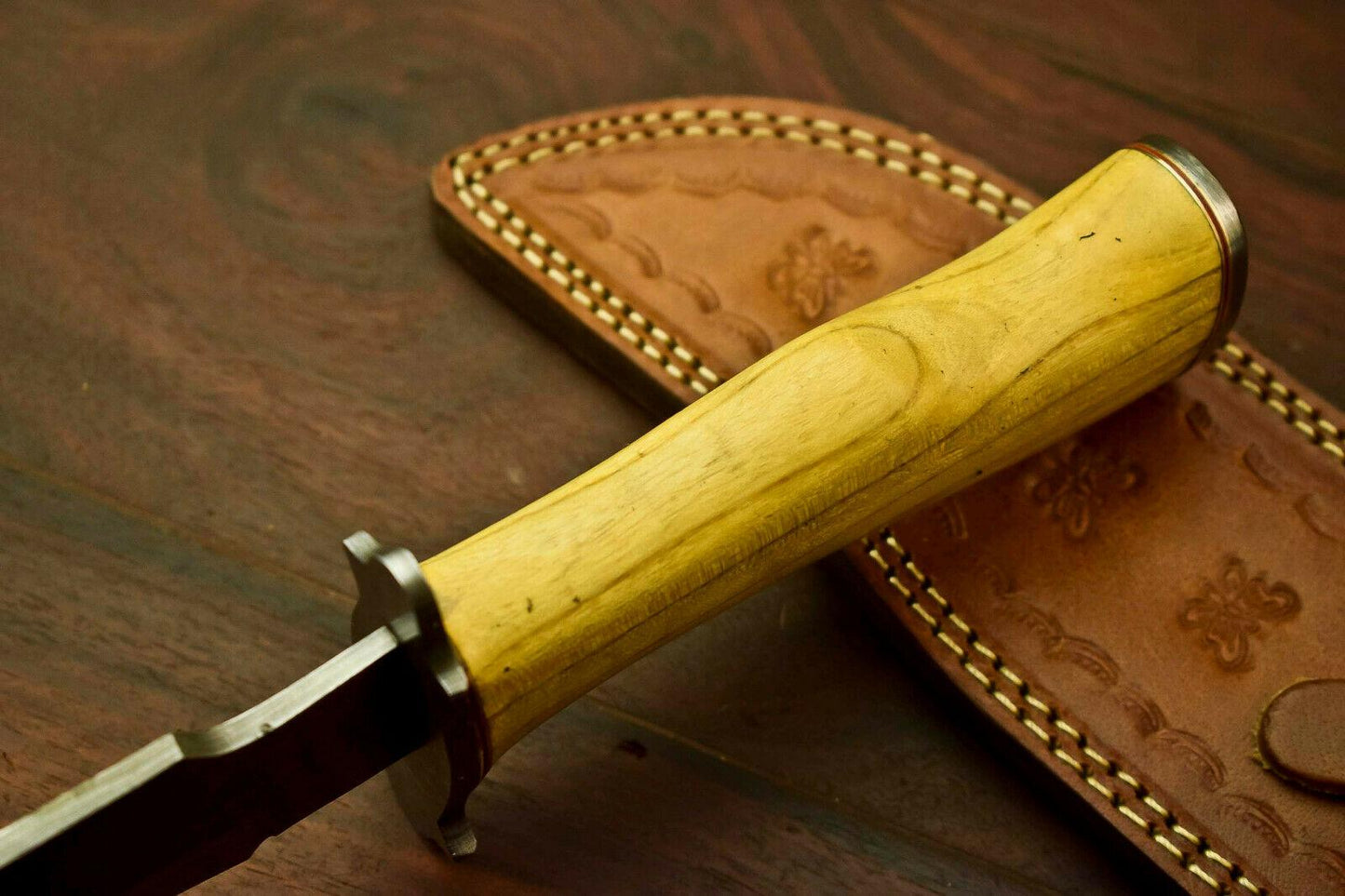 13" Handmade Damascus Bowie Knife | Olive Wood Handle