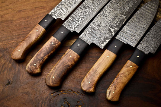 Lot of 5 Handmade Hammered Damascus Steel Chef Knife Set – Full Tang, 384 Layers