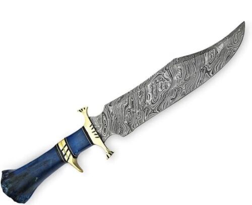 Custom Handmade Damascus Bowie Knife with Camel Bone Handle for Hunting and Camping