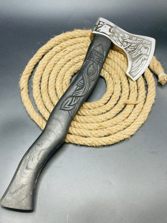 23 Inch Hand Forged Carbon Steel Viking Tomahawk Axe with Wooden Handle and Sheath