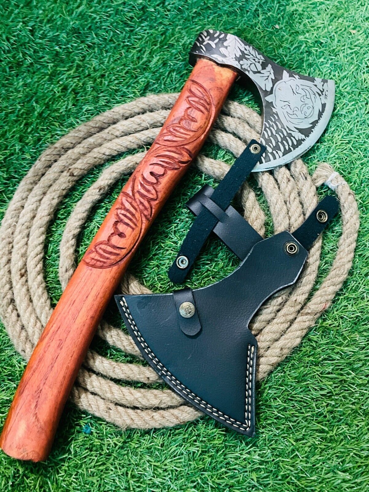23 Inch Hand Forged Carbon Steel Viking Tomahawk with Wooden Handle and Leather Sheath