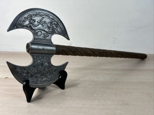 25 Inch Double Headed Viking Battle Axe Hand Forged Steel Blades with Carved Wooden Handle and Leather Sheath