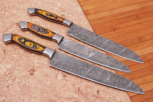 3-Piece Damascus Steel Chef Knife Set with Leather Case by Heritage Forge
 3-Piece Damascus Steel Chef Knife Set with Leather Case by Heritage Forge
