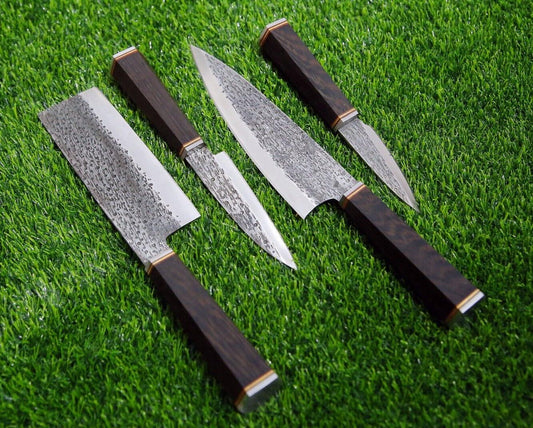 4-Piece Handmade D2 Steel Chef Knife Set – Custom Kitchen Knives with Leather Roll Bag