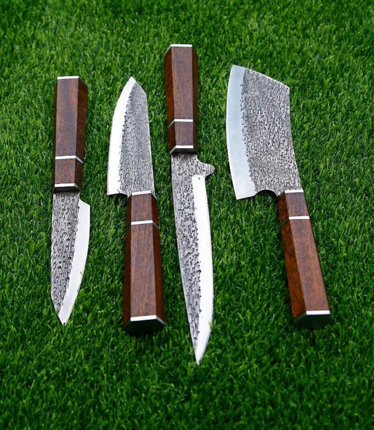4-Piece Handmade D2 Steel Chef Knife Set – Custom Kitchen Knives with Wood Handles & Leather Roll Bag