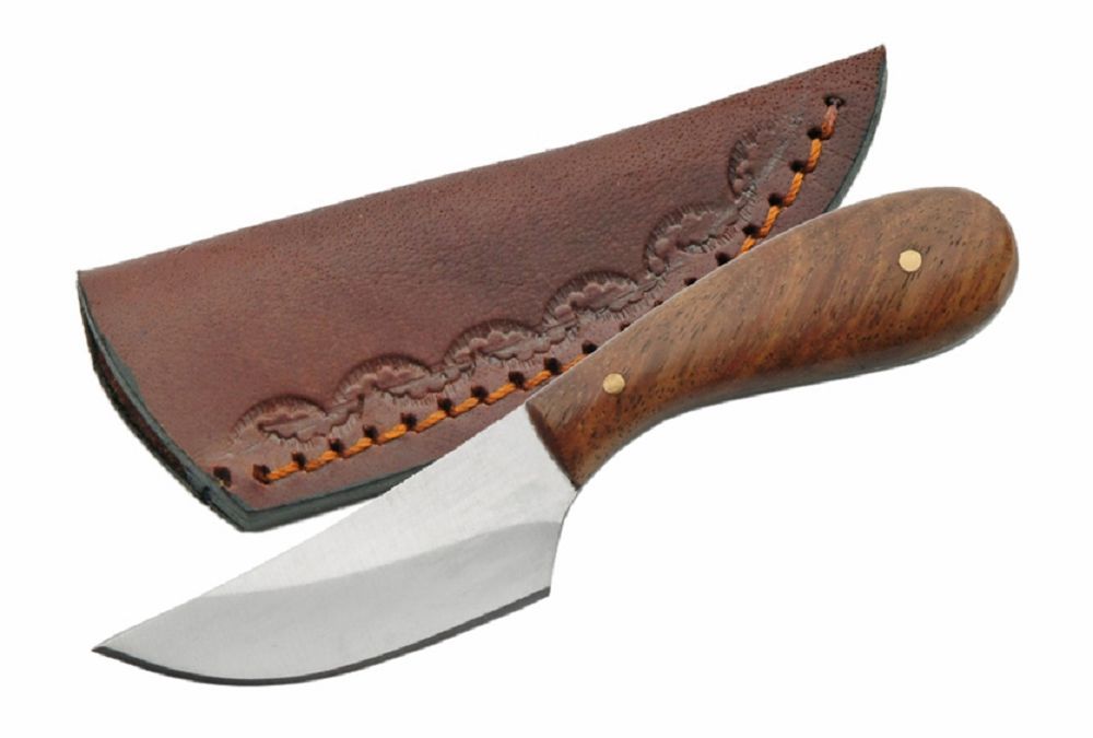 4.6" Full Tang Stainless Steel Skinner with Brown Wood Handle & Leather Sheath
