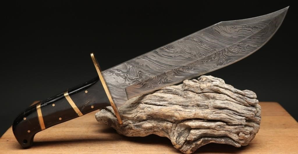 Heritage Forge Damascus Style Bowie and Hunting Knife Set with Bone Look Handle and Leather Sheath