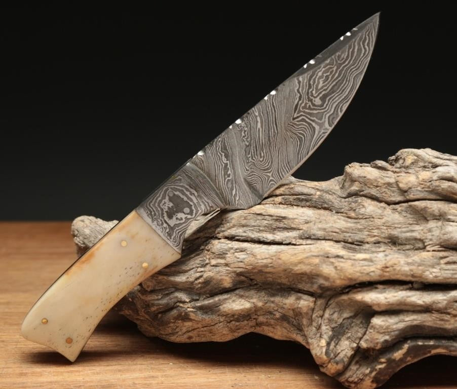 Heritage Forge Damascus Style Bowie and Hunting Knife Set with Bone Look Handle and Leather Sheath