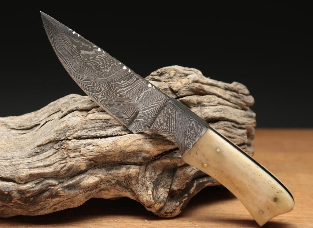 Heritage Forge Damascus Style Bowie and Hunting Knife Set with Bone Look Handle and Leather Sheath