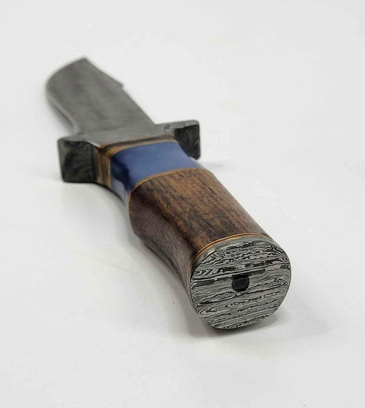 Heritage Forge Damascus Steel Bowie Knife with Wood and Blue Resin Handle