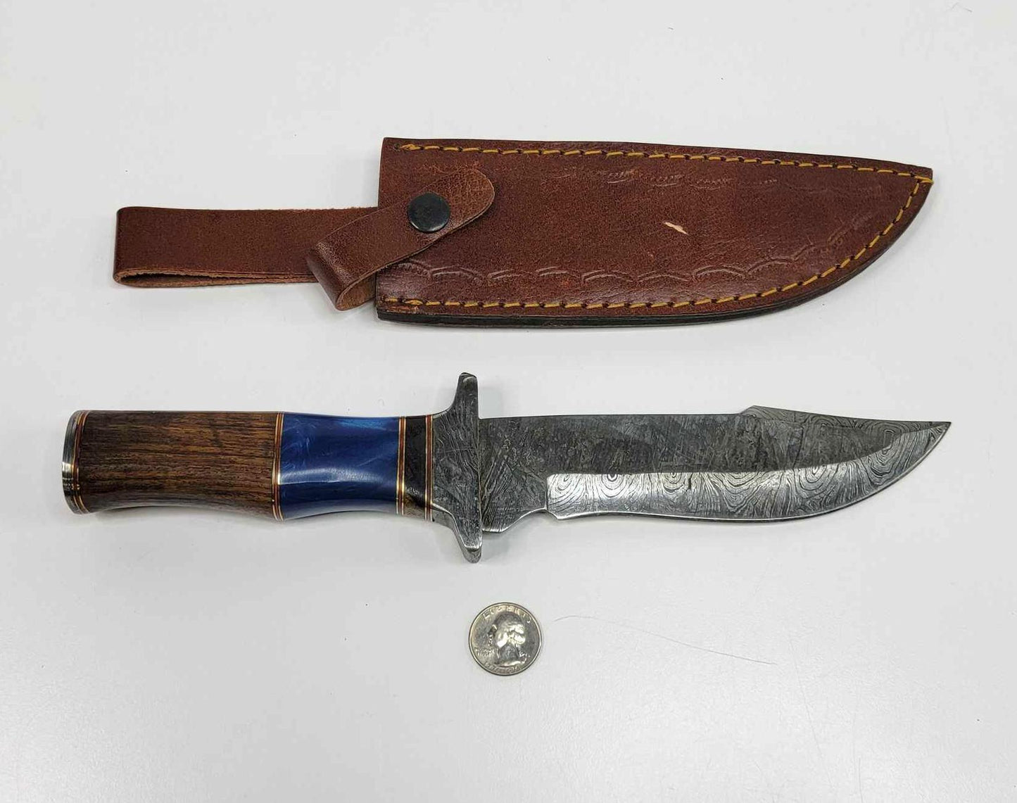 Heritage Forge Damascus Steel Bowie Knife with Wood and Blue Resin Handle