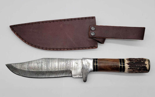 Heritage Forge Damascus Bowie Knife with Antler Handle and Leather Sheath