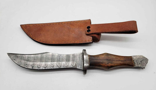 Custom Damascus Bowie Knife – Clip Point Fixed Blade with Wood Handle, Pommel & Leather Sheath | Heritage Forge