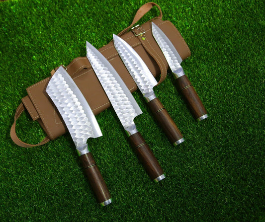 4 Pcs Handmade D2 Steel Chef Knife Set | Custom Kitchen Knives with Sheath
