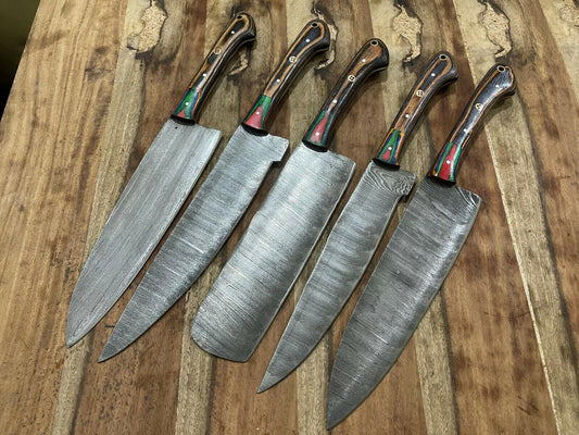 5-Piece Handmade Damascus Steel Chef Knife Set – Custom Kitchen Cutlery with Wood Handle