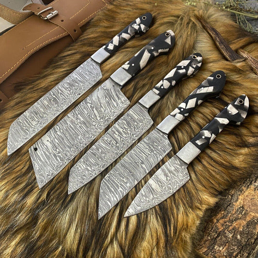 5-Piece Hand Forged Damascus Steel Hunting & Kitchen Clever Knives Set