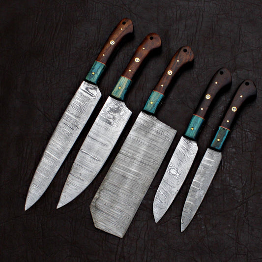 5-Piece Handmade Chef Knife Set – Damascus Steel Custom Kitchen Knives