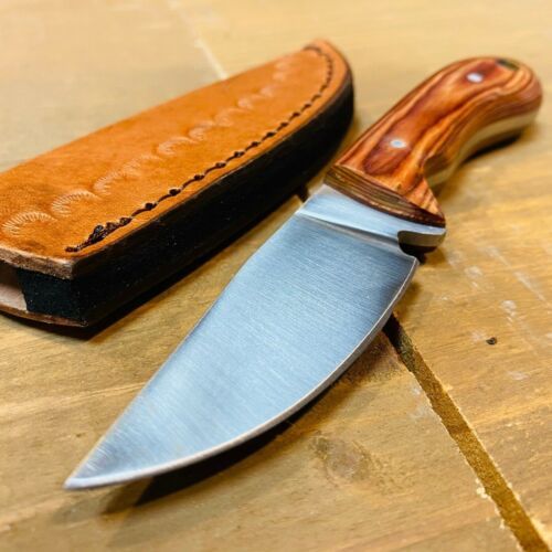 5.5" Full Tang Skinner Knife – Stainless Steel Blade with Wood Handle & Leather Sheath