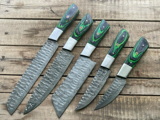 5PCS Handmade Damascus Steel Chef Knife Set – Custom Kitchen Knives with Premium Handles
