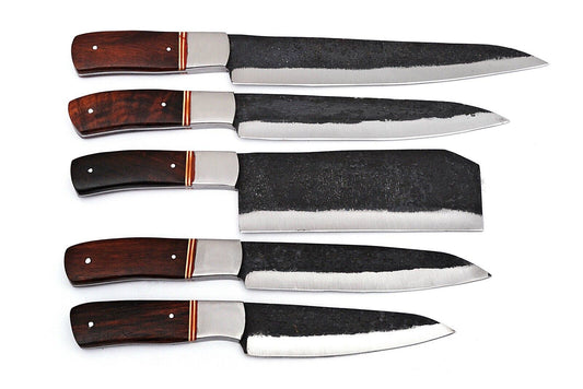 5 Pcs Handmade Railroad Spike Carbon Steel Chef Knife Set – Kitchen Cooking Knives