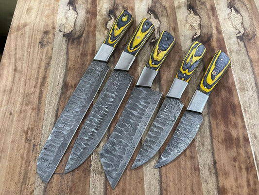 5Pcs Custom Handmade Damascus Steel Chef Knife Set – Professional Kitchen Knives