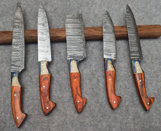 Hand Forged Damascus Steel Chef Knife Set – 5 Pcs with Leather Roll, Handmade Professional Kitchen Knives