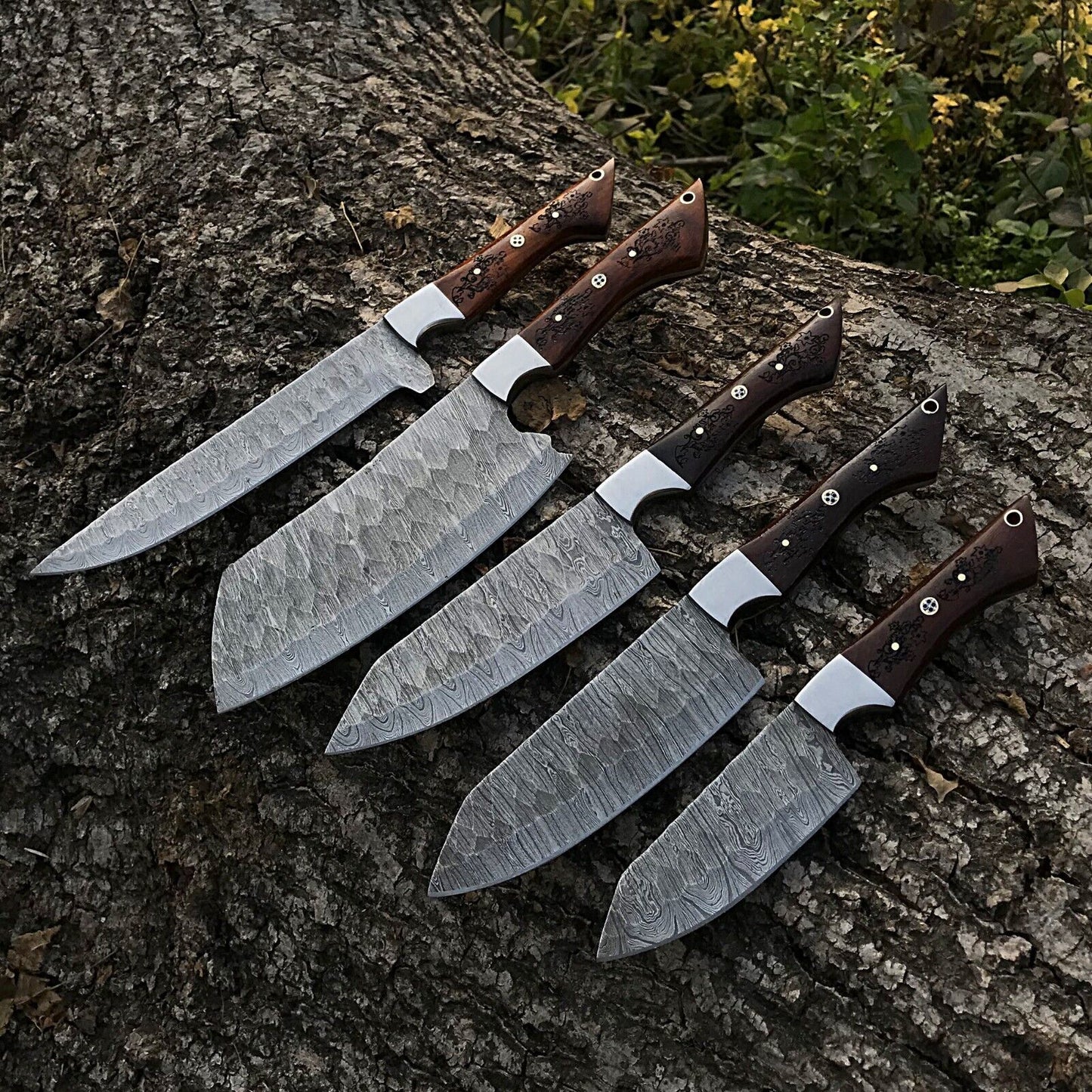 5pcs Custom Handmade Chef Knife Set – Damascus Forged Steel Kitchen Knives – Full Tang Professional Cooking Knife Set
