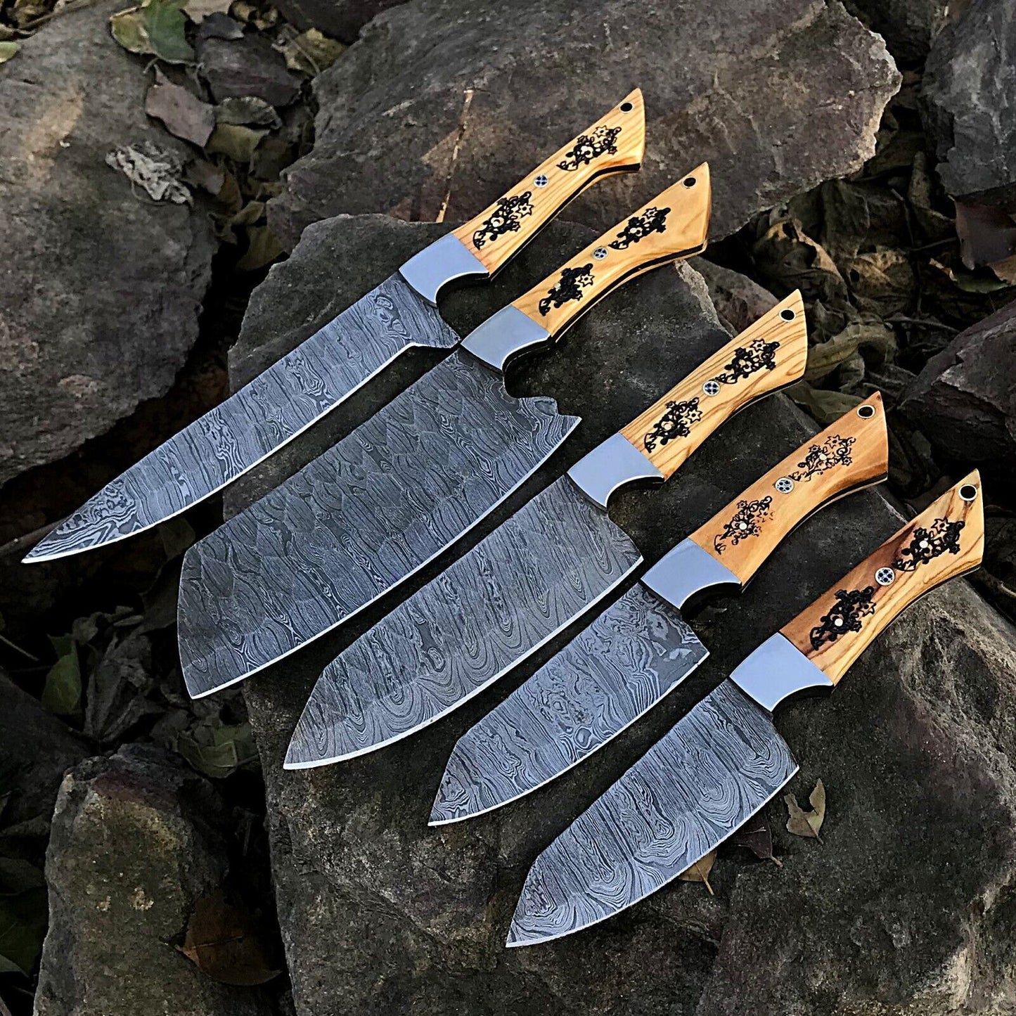 5pcs Custom Handmade Chef Knife Set – Damascus Forged Steel Kitchen Knives – Full Tang – Professional Cooking Knife Set with Wooden Handles