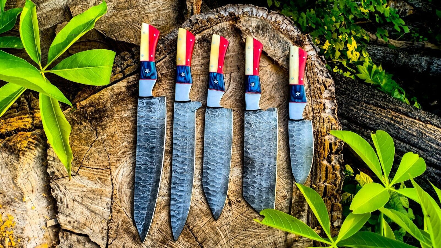 5pcs Custom Handmade Chef Knife Set – Damascus Forged Steel Kitchen Knives – Professional Cooking Knife Set