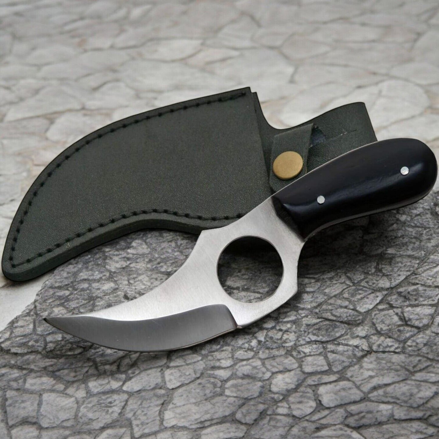 6" Full Tang Skinner Knife – Stainless Steel Clip Point Blade with Black Wood Handle & Leather Sheath