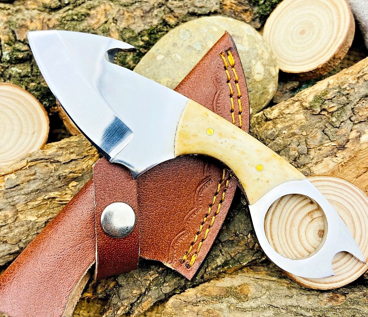 7" Custom Handmade Gut Hook Skinner – High Polish Stainless Steel Blade, Camel Bone Handle, Leather Sheath
