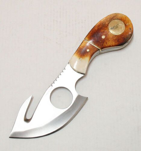 7″ Full Tang Stainless Steel Skinner Knife with Gut Hook Blade & Leather Sheath