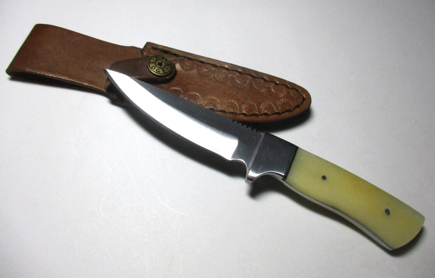 7" Straight Back Skinner Knife – Stainless Steel Blade, Camel Bone Handle, Leather Sheath